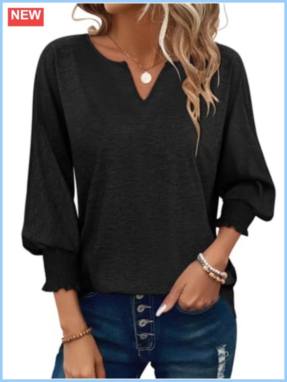 Women's 3/4 Sleeve V Neck Ruffle Smocked Cuff Summer Tee Casual Top